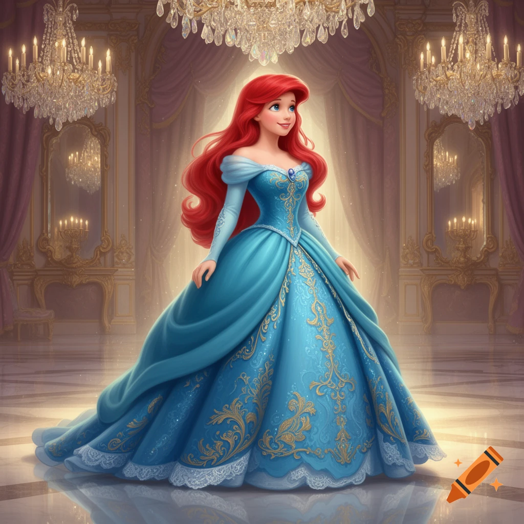 Disney's Ariel in a blue Baroque-style ball gown with gold patterns, standing in an opulent ballroom with chandeliers.