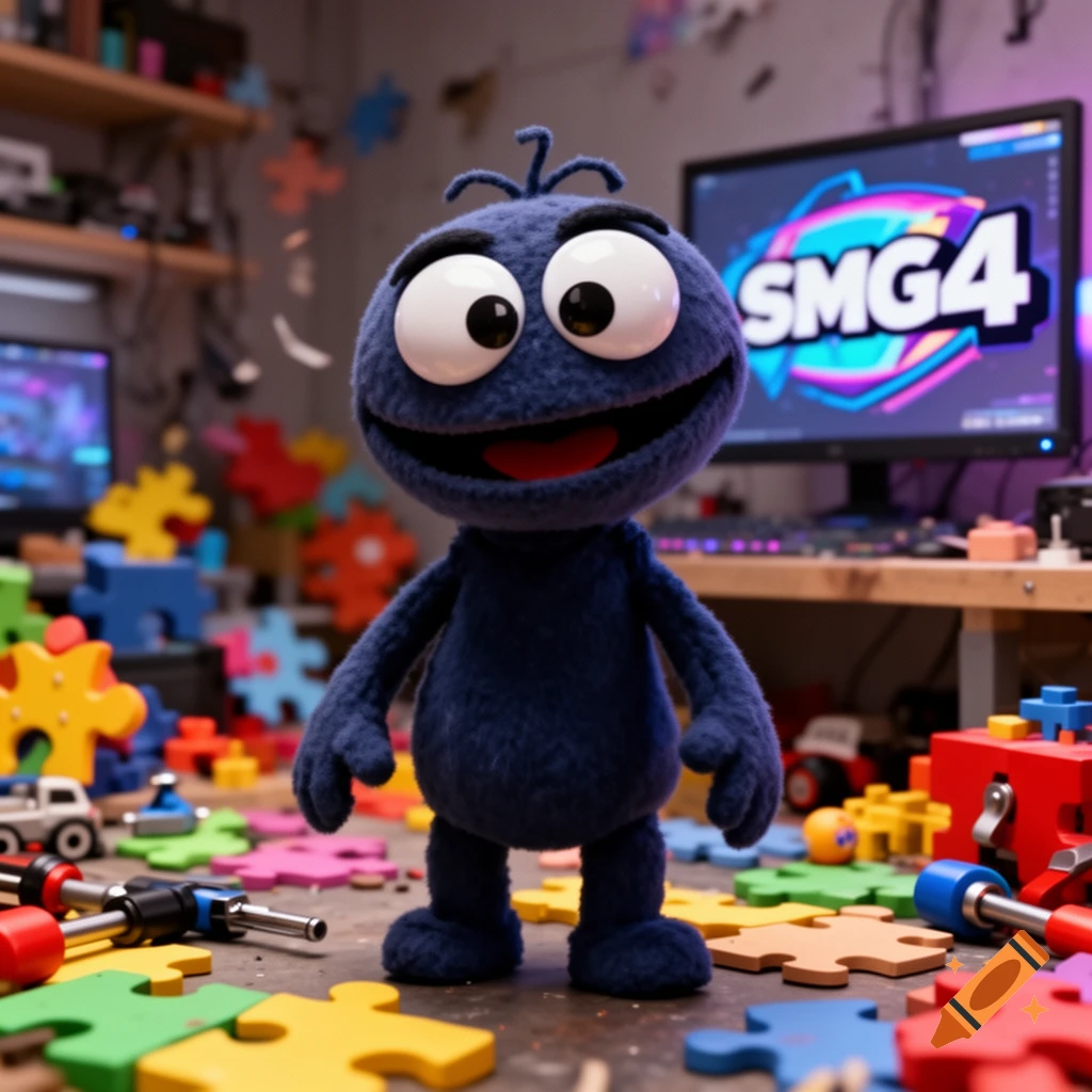 A blue fuzzy puppet with large eyes and a wide smile stands amidst colorful puzzle pieces and tools, with a computer screen displaying "SMG4" in the background.