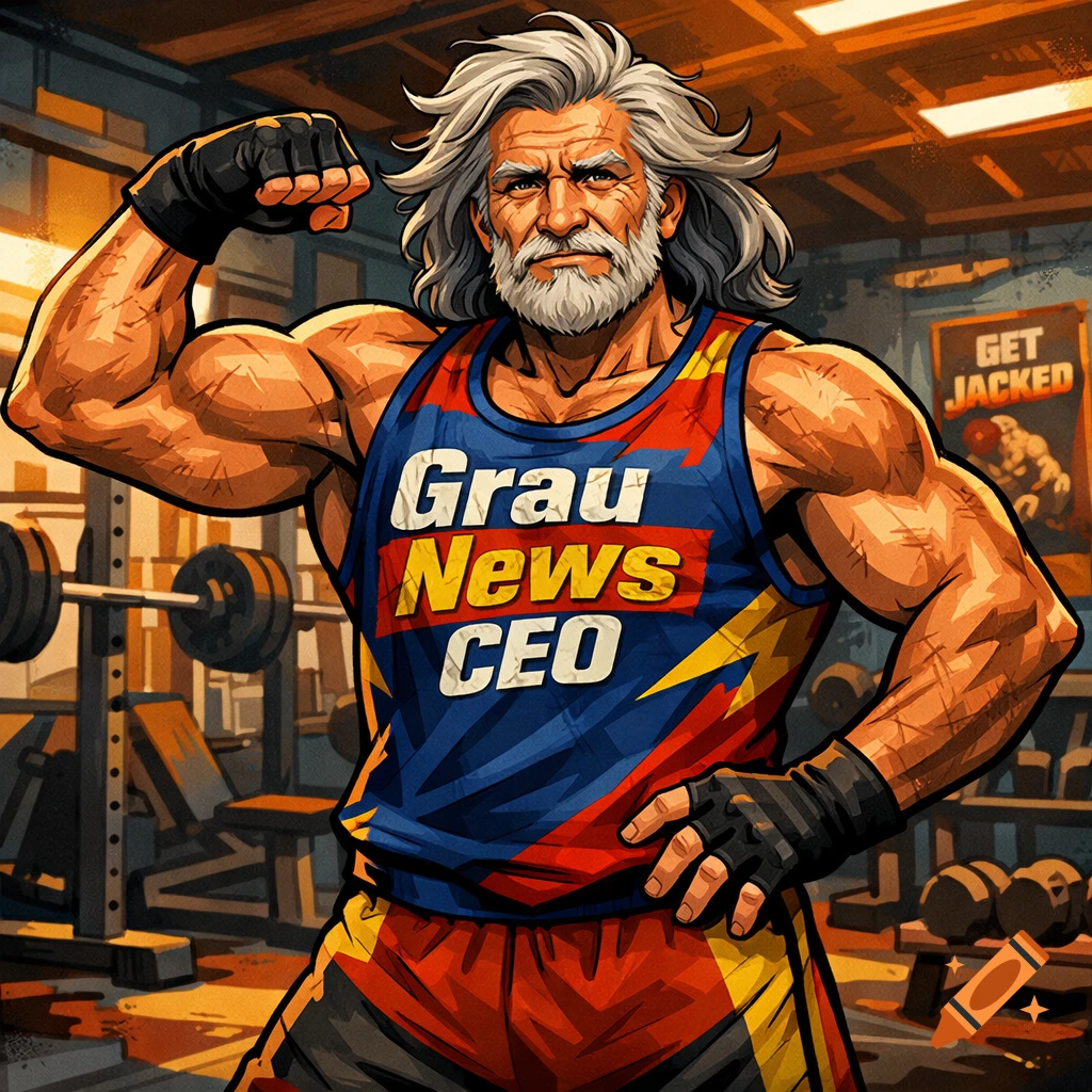A muscular, grey-haired old man in a 'Grau News CEO' tank top flexes in a stylized gym setting.