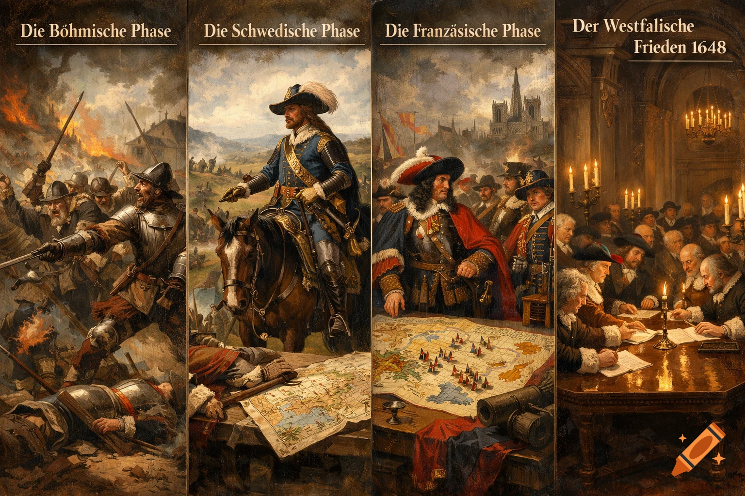 Four panels in classical painting style illustrating the phases of the Thirty Years' War and the Peace of Westphalia.