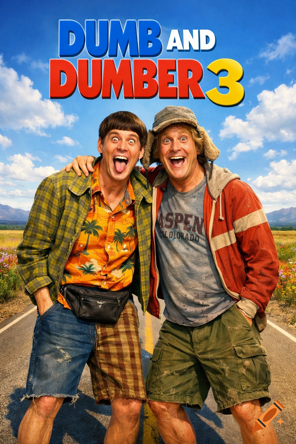 Photorealistic movie poster for Dumb and Dumber 3 featuring two men in goofy clothes making silly faces on a rural road.