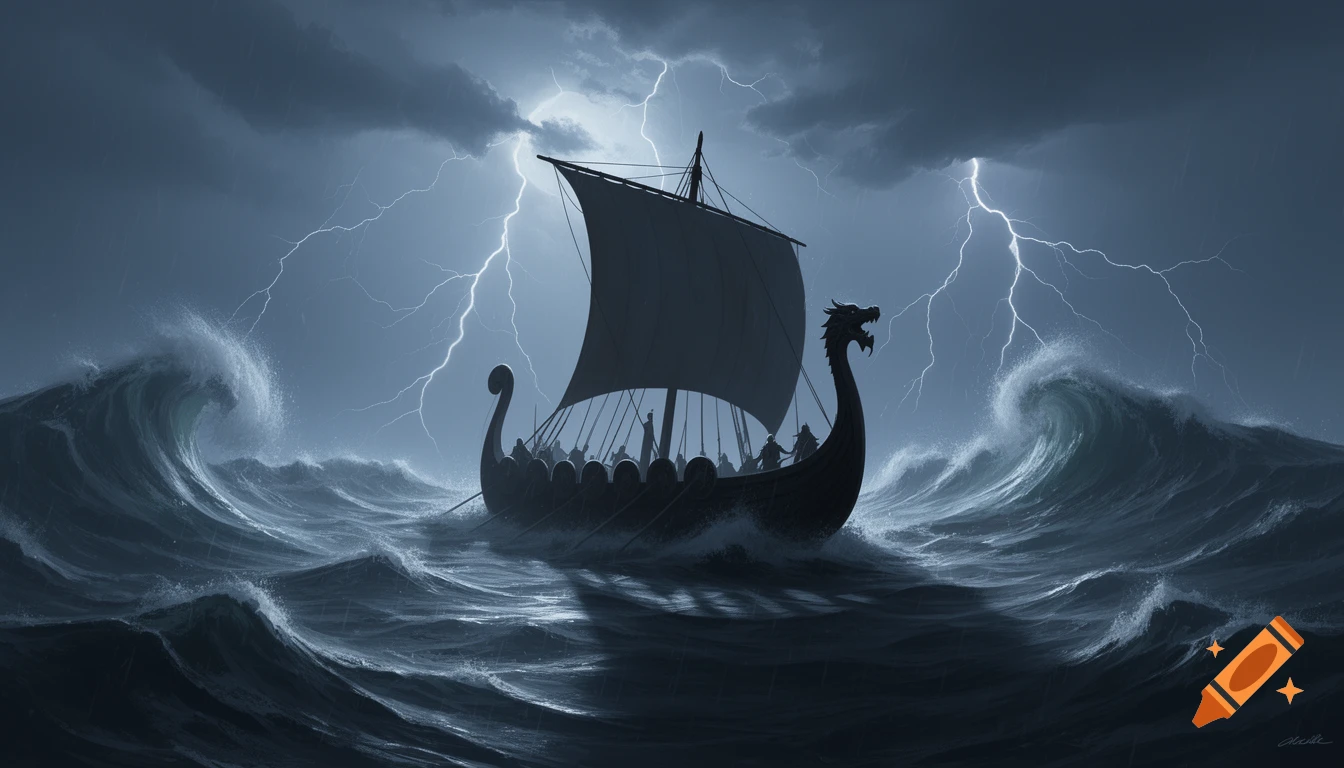 A silhouette of a Viking longboat with warriors on a stormy sea under a dark sky with lightning strikes.