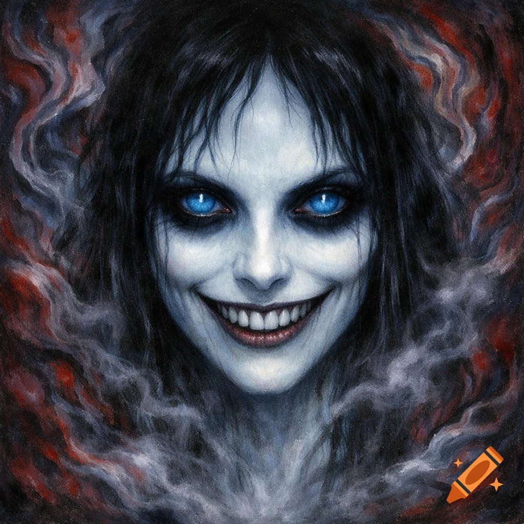 A pale, gaunt face with glowing blue eyes and a wide, unsettling smile emerges from dark, smoky tendrils in a horror art style.