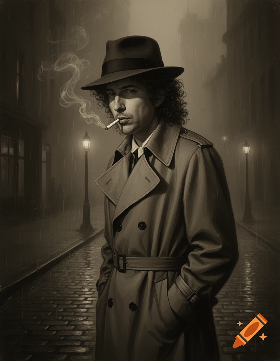 A man resembling Bob Dylan, dressed as Humphrey Bogart in a trench coat and fedora, smokes a cigarette on a rainy, dimly lit street.