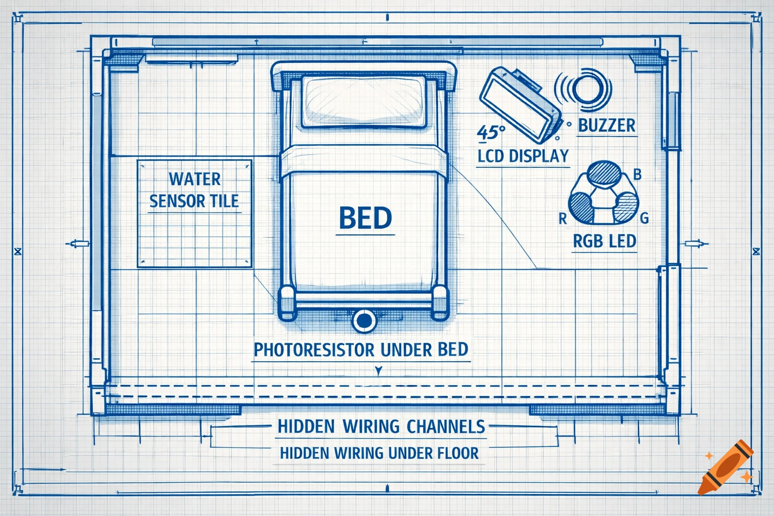 Technical blueprint top-view diagram of a hospital room for an Arduino project, showing bed, sensors, display, buzzer, and wiring.