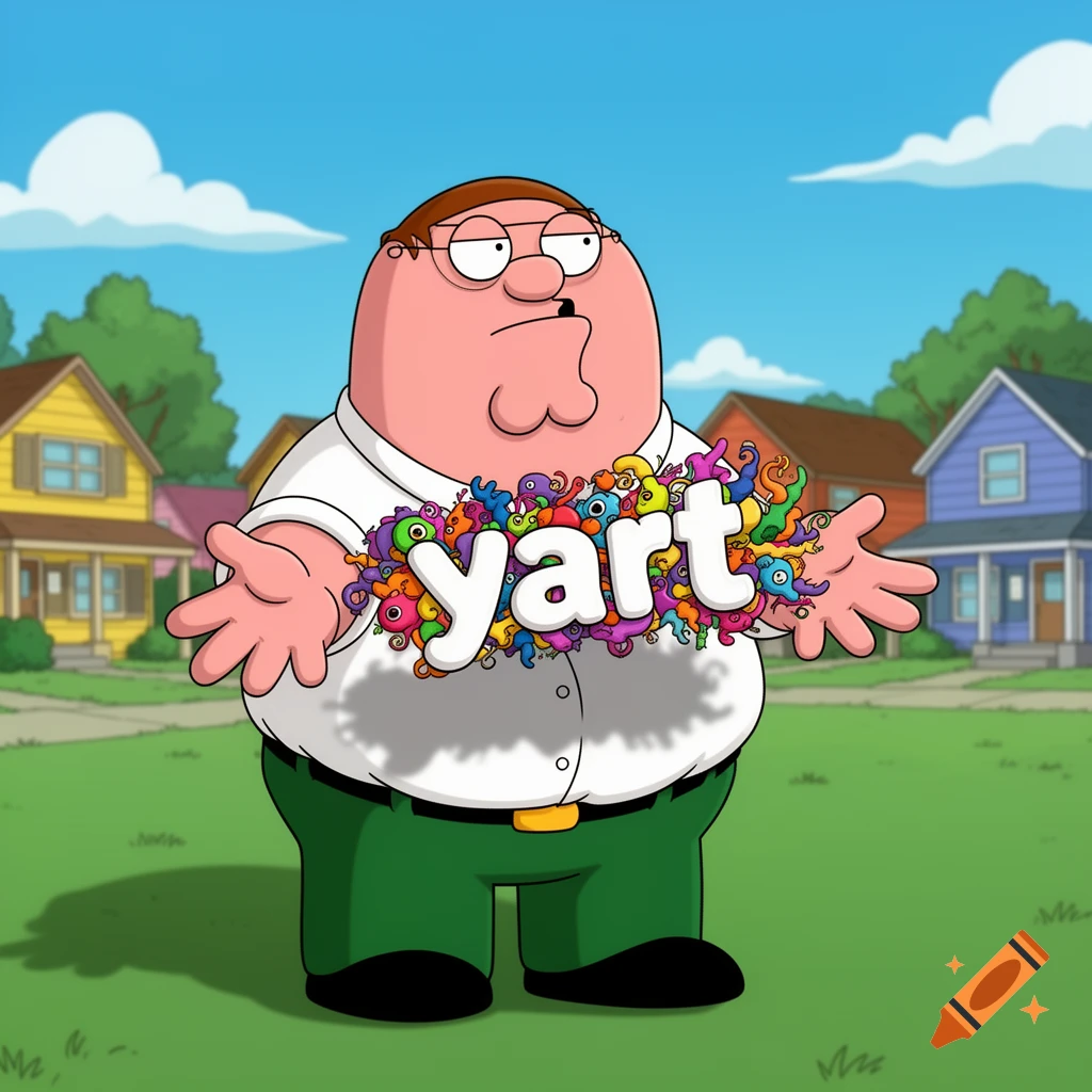 Peter Griffin from Family Guy stands in a suburban neighborhood, holding a colorful mass of doodles with the word "yart" on it.