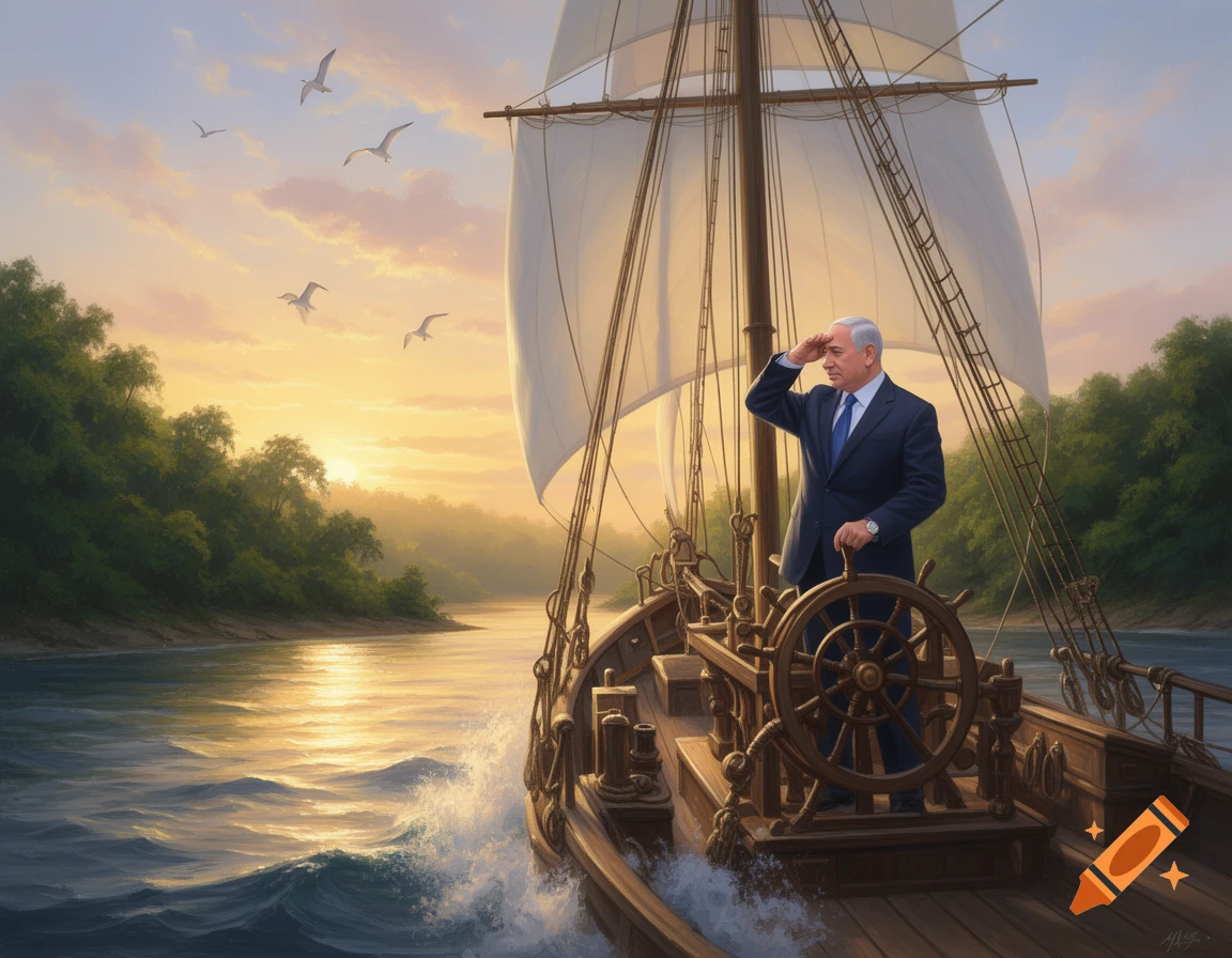 Benjamin Netanyahu on a sailboat, saluting while steering on a river at sunset with green shores.