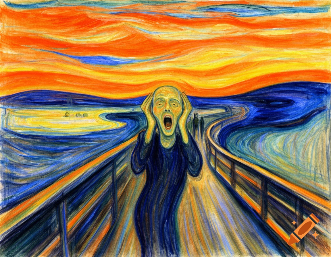 Painting of a screaming figure on a bridge with a vibrant orange and blue sky, in the style of 'The Scream'.