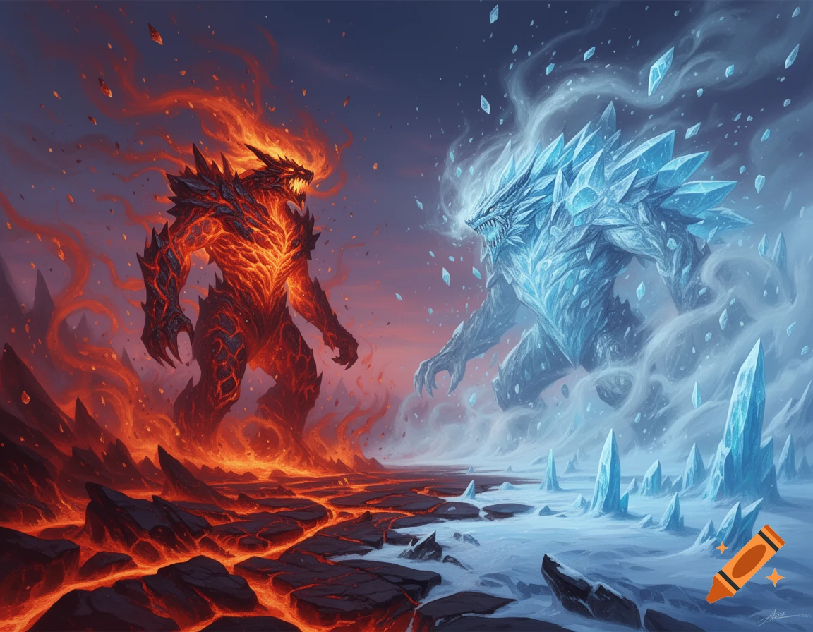 Detailed fantasy art depicting a fiery lava monster and an icy crystal monster facing each other on an elemental battlefield.