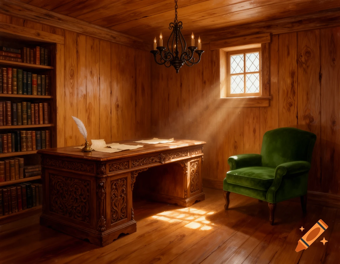 A sunlit wooden study with an antique desk, a green velvet armchair, a bookshelf, and a chandelier.