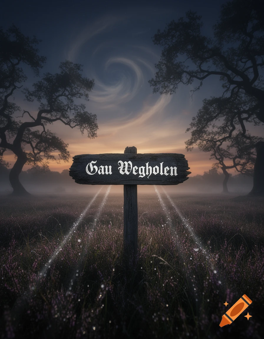 A wooden sign reading 'Gau Wegholen' in a mystical, misty field with purple flowers and glowing particles under a swirling twilight sky.