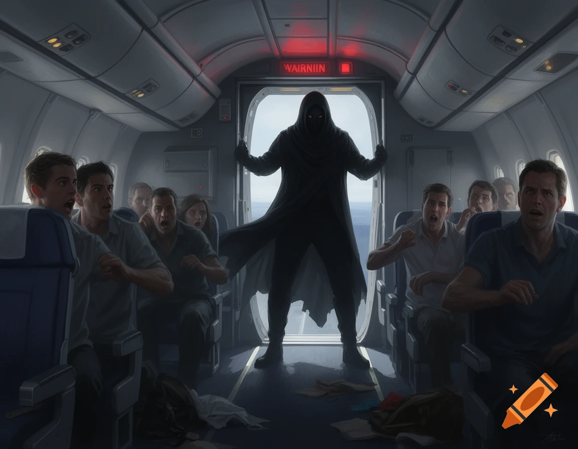 A shadowy figure in a hooded cloak stands in an open airplane door, terrifying the passengers. The interior of the plane is dark.