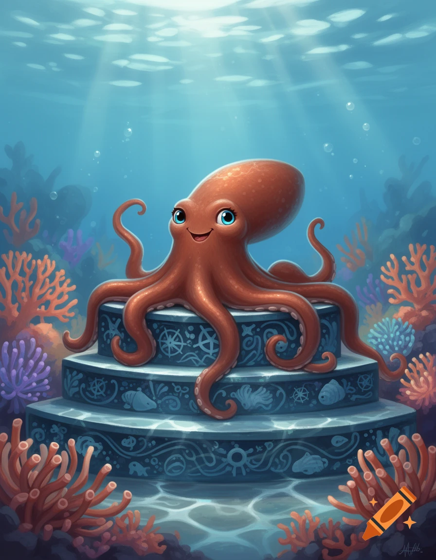 A cute, smiling reddish-brown octopus with blue eyes sits on a decorated stone pedestal underwater amidst coral and sunlight.