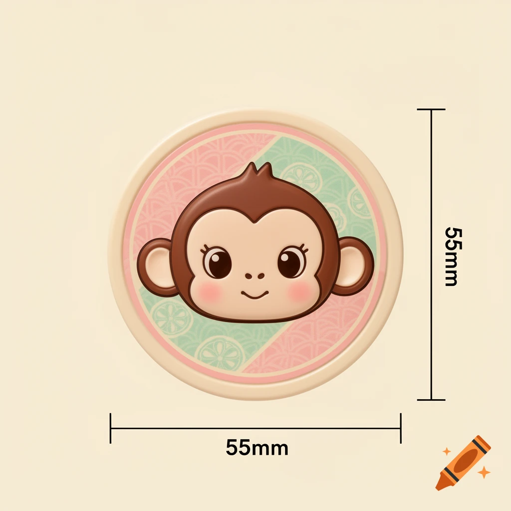 Cute brown cartoon monkey face on a pink and mint green circular emblem, with 55mm dimensions, in Showa retro Japanese modern style.