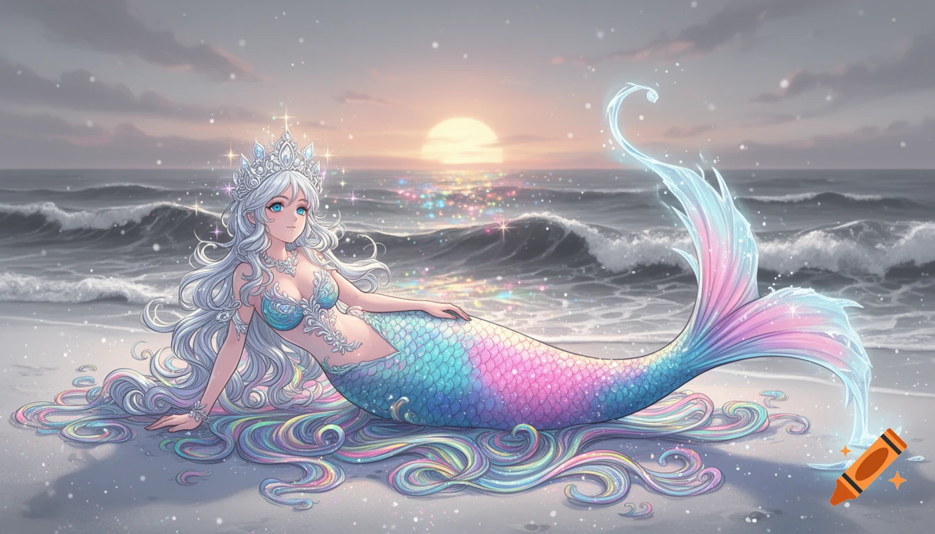 Anime mermaid with long white hair and an iridescent tail lies on a sparkling beach at sunset.