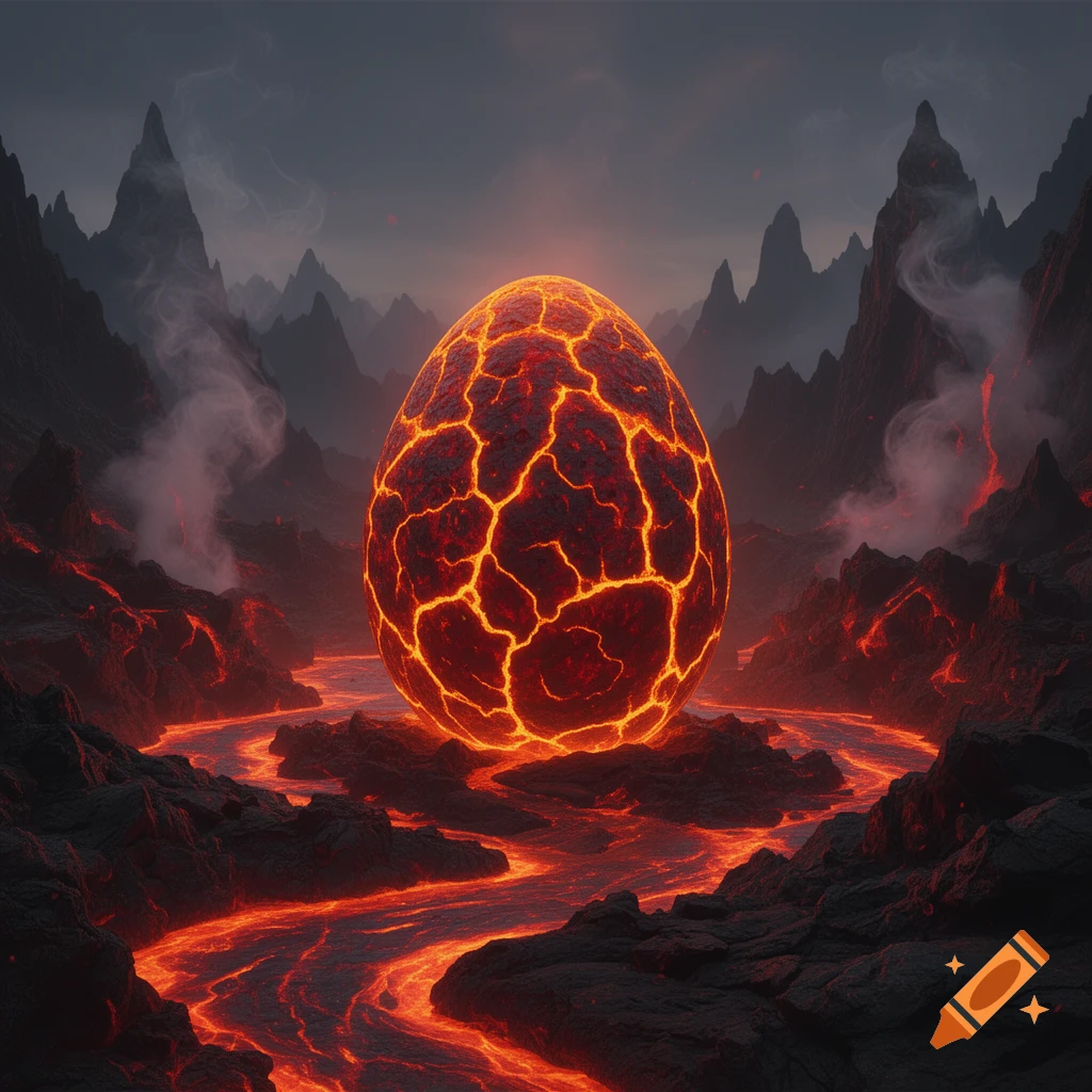 A large, glowing lava egg sits amidst a dark, volcanic landscape with rivers of molten rock and jagged mountains.