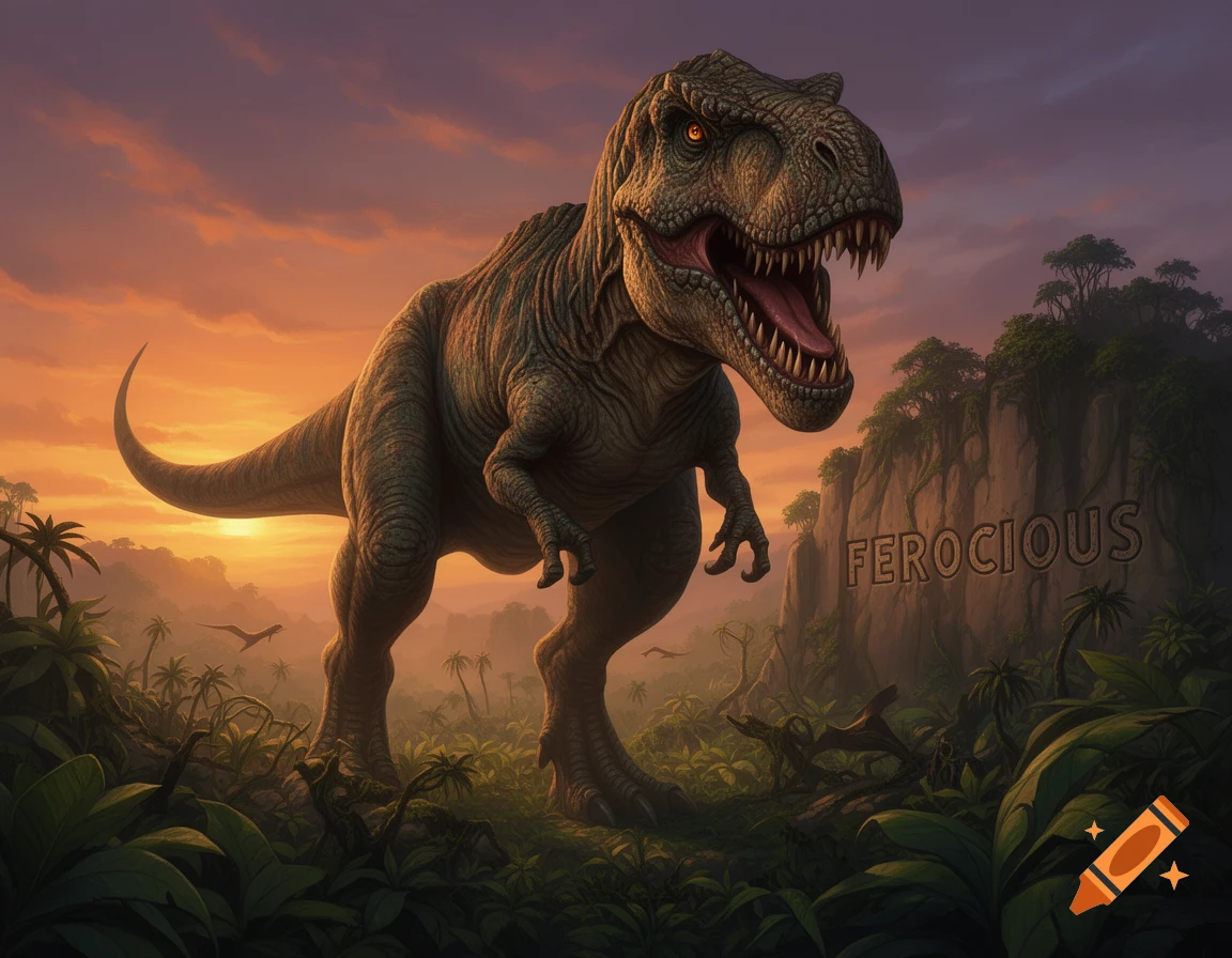 A powerful Tyrannosaurus Rex stands in a lush prehistoric jungle at sunset, with "FEROCIOUS" carved into a large rock.