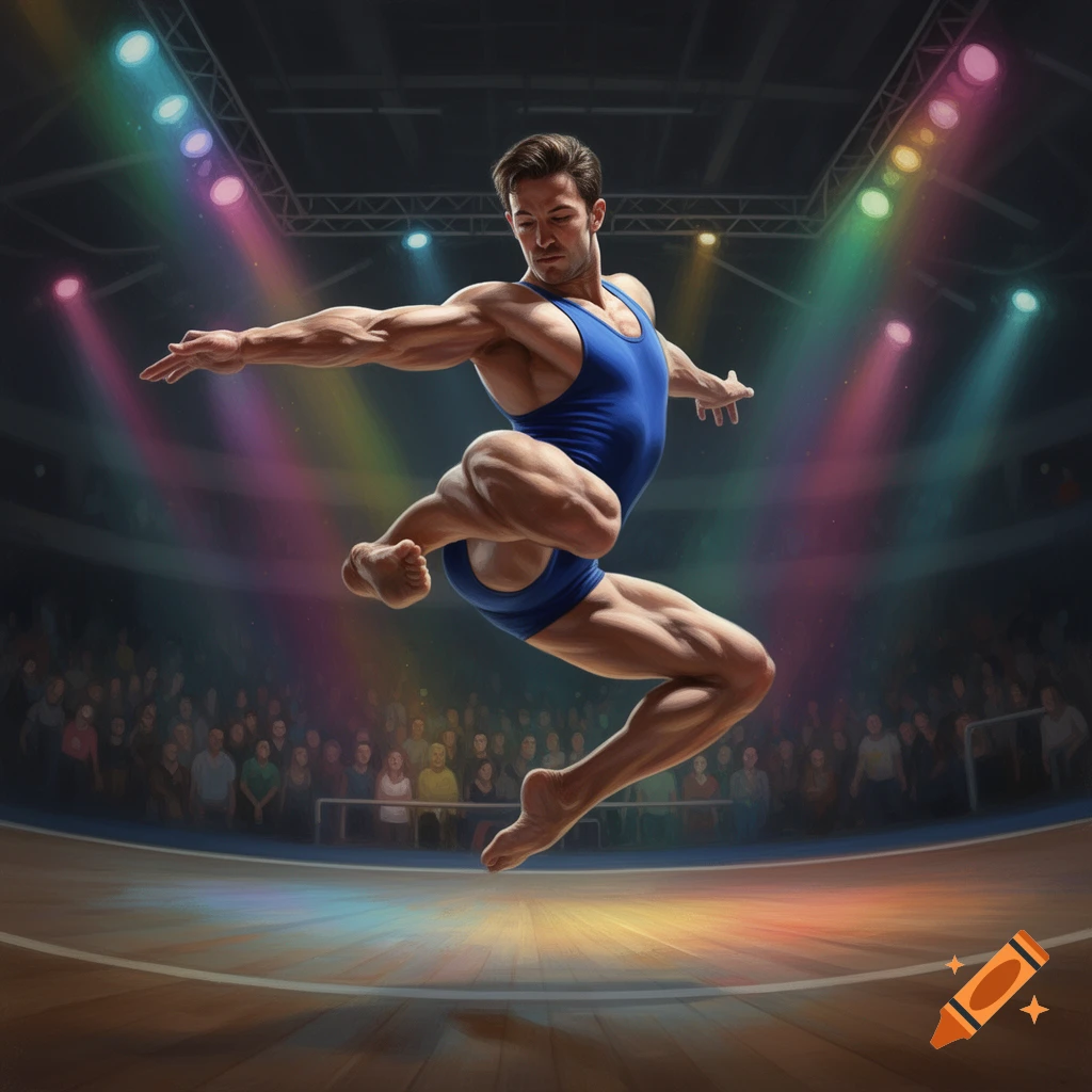 A muscular male gymnast in a blue leotard leaps dynamically on a wooden floor, illuminated by colorful spotlights in a stadium.