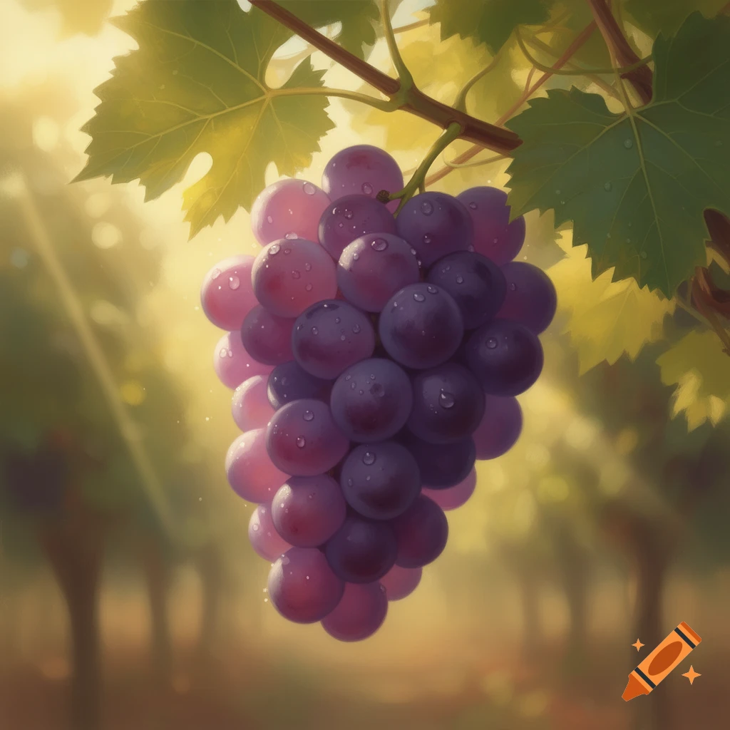 A vibrant bunch of purple grapes with water droplets hangs from a vine in a sunlit vineyard.