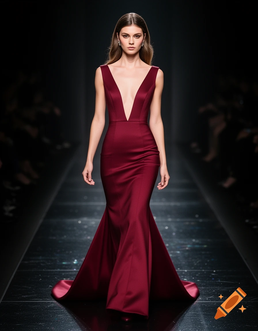 A model in an elegant, deep V-neck, form-fitting burgundy evening dress with a flared skirt and train walks on a dark runway.