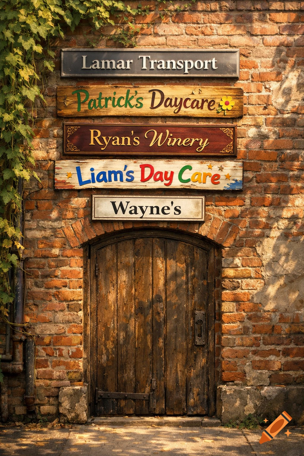 A rustic brick wall with a weathered wooden door and five business signs: Lamar Transport, Patrick's Daycare, Ryan's Winery, Liam's Day Care, and Wayne's.