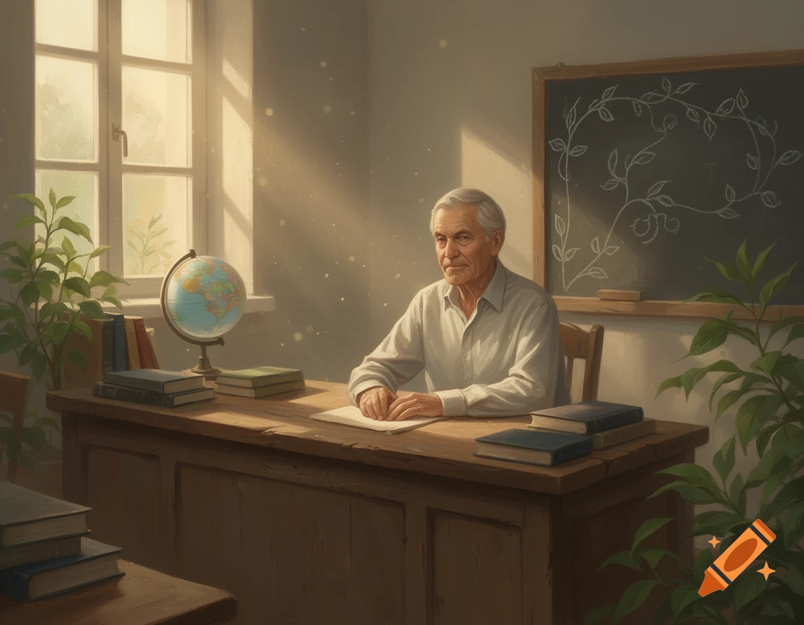 Elderly male teacher sits at a wooden desk in a sunlit classroom with a globe, books, and chalkboard.