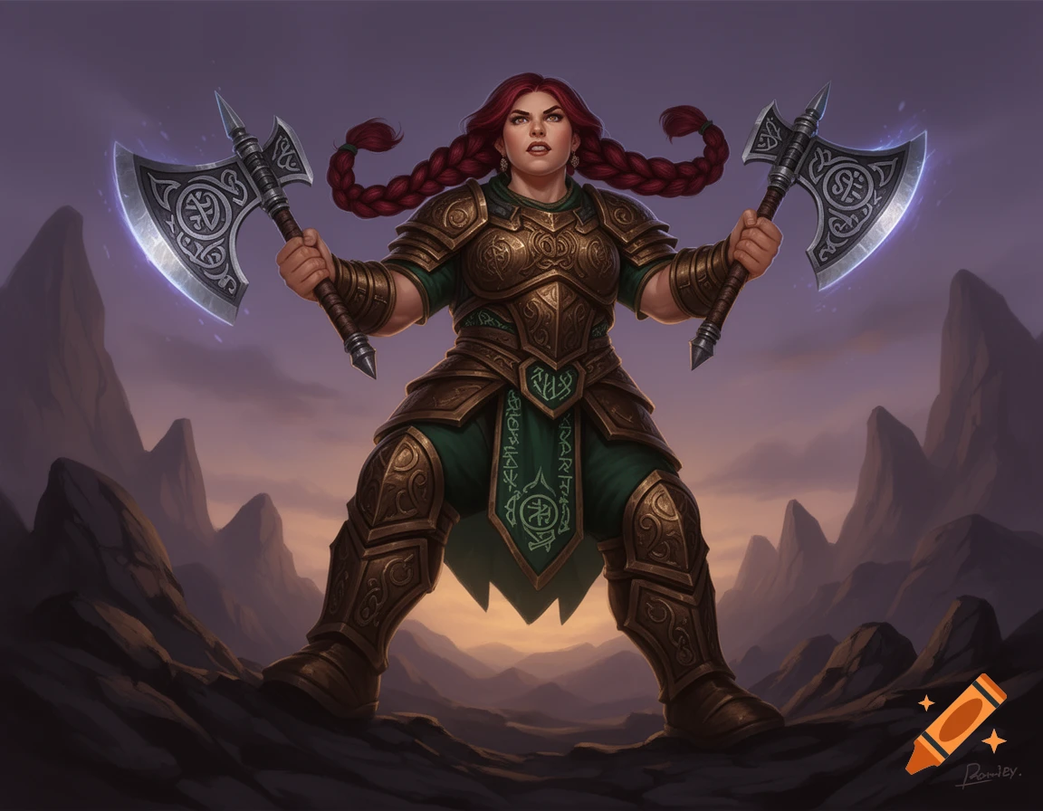 A powerful female dwarf warrior with long red braided hair, wearing ornate golden and green armor, stands holding two glowing axes against a mountain backdrop at dusk.