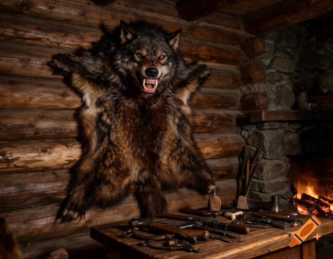 A photorealistic image of a snarling wolf pelt hanging on a log cabin wall, with a table of tools and a fireplace nearby.