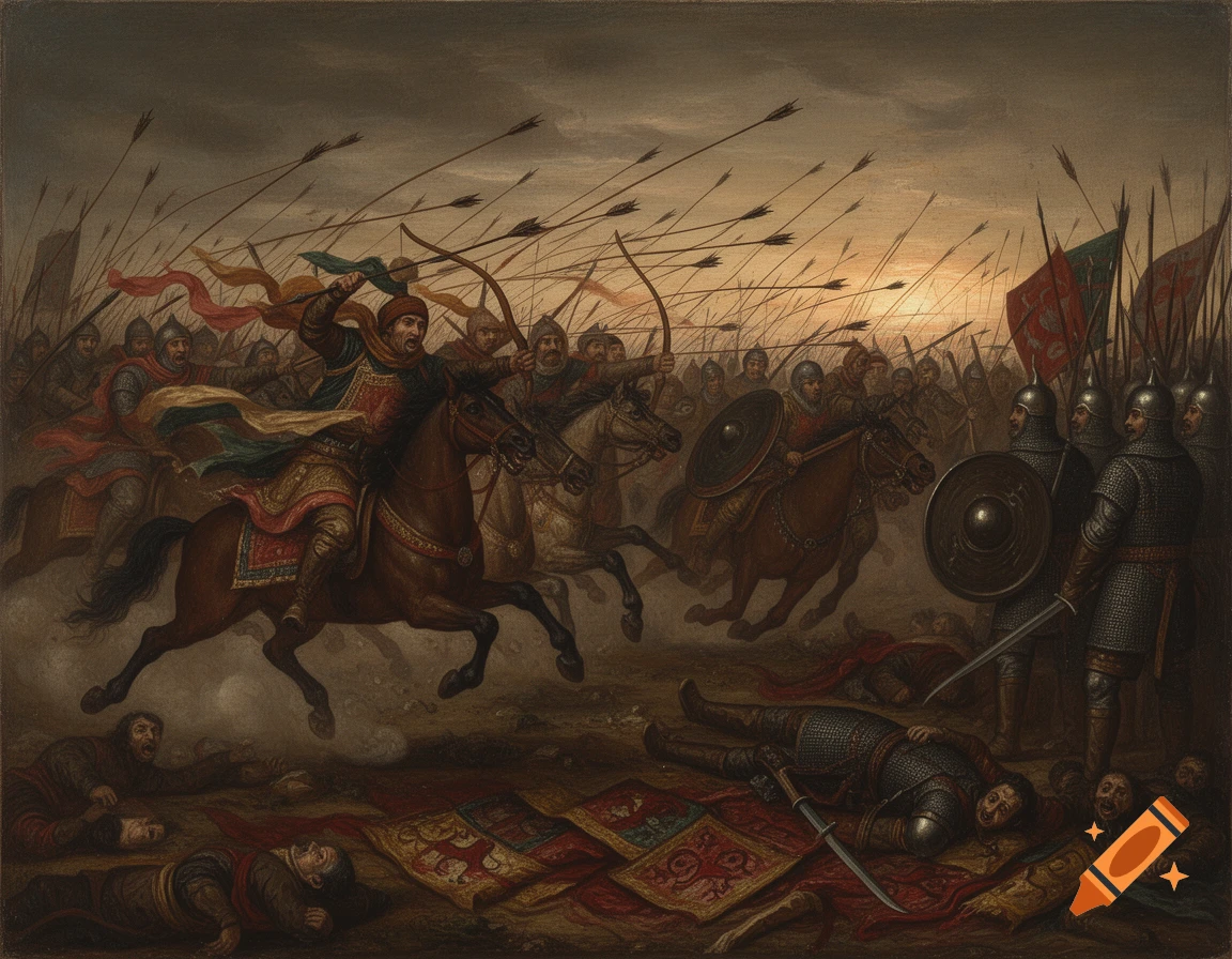 A chaotic medieval battle painting depicts horse archers and armored footmen fighting amidst flying arrows, with fallen warriors on the ground under a cloudy sky.