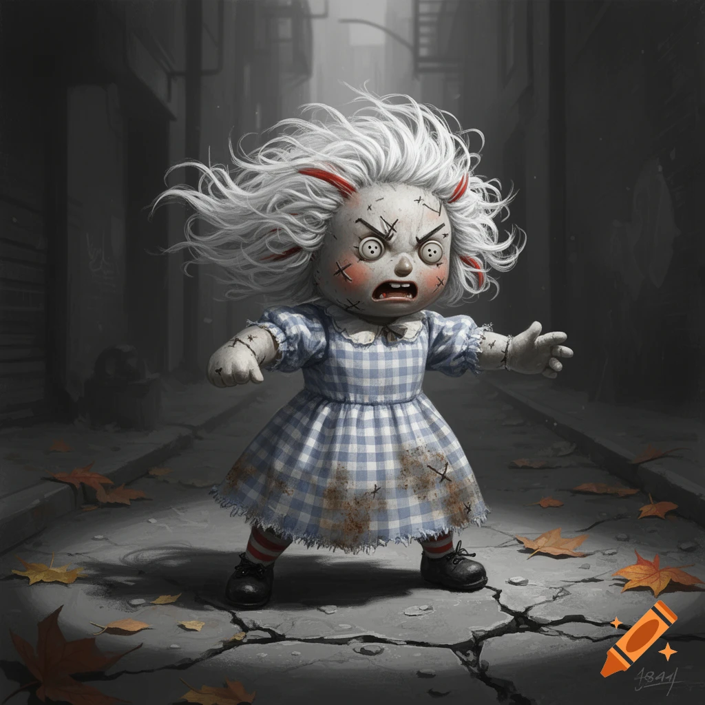 An angry, scarred Raggedy Ann-style doll with messy white hair gesticulates in a dark, cracked alley with fallen leaves.