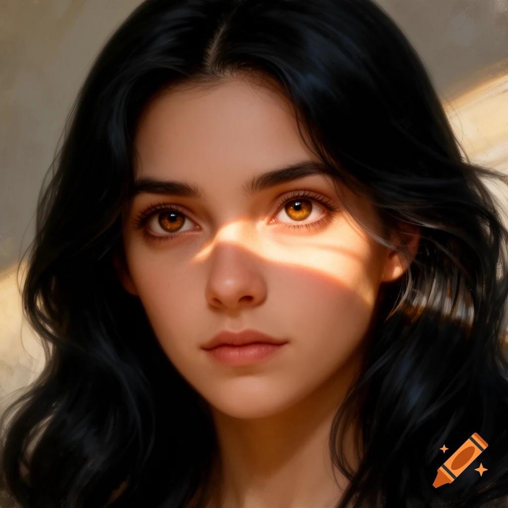 Close-up digital art portrait of a woman with dark hair and brown eyes ...
