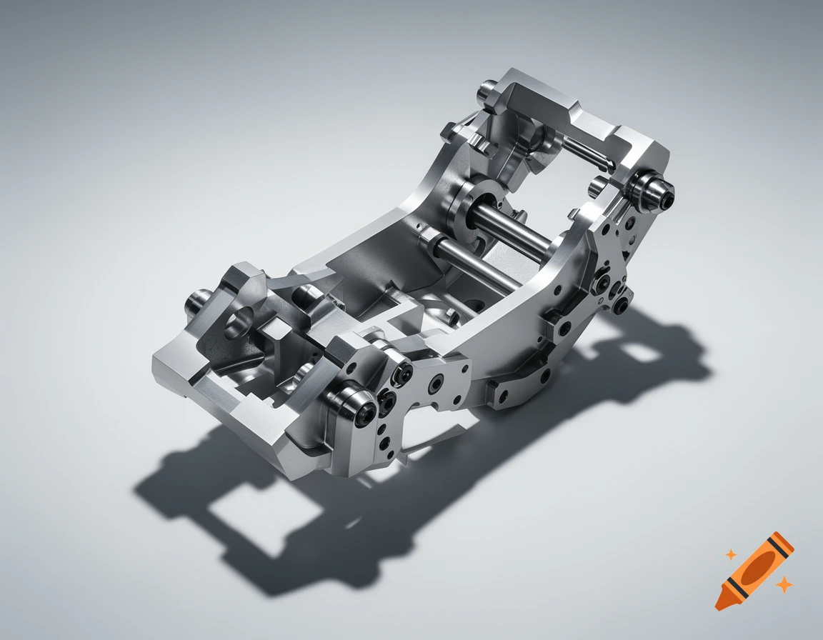 A detailed, silver-colored CAD mechanical part with shafts and bolts is rendered on a light grey background.