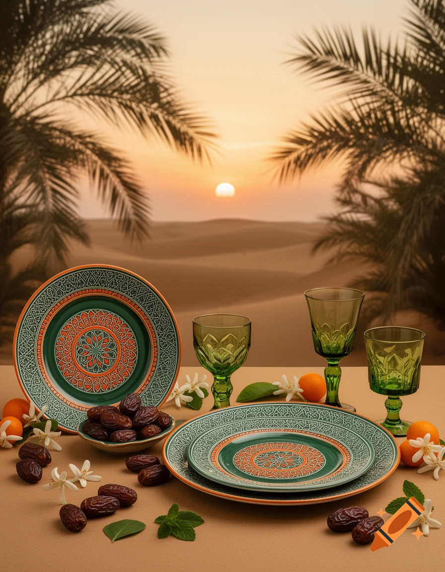 Photorealistic table setting with green and orange plates, green glasses, dates, oranges, and flowers, against a desert sunset with palm trees.