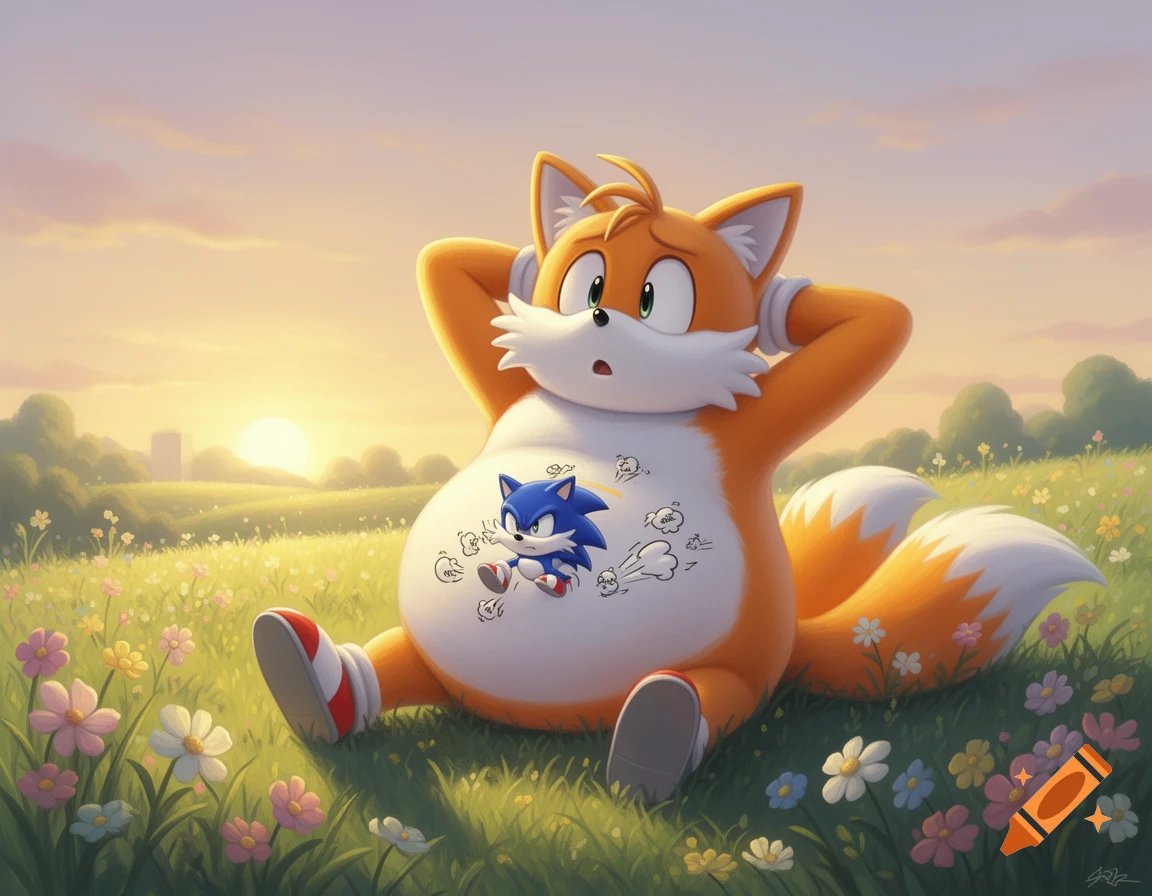 An obese cartoon fox, Tails, rests in a grassy field at sunset, hands behind his head, with a depiction of Sonic kicking inside his belly.