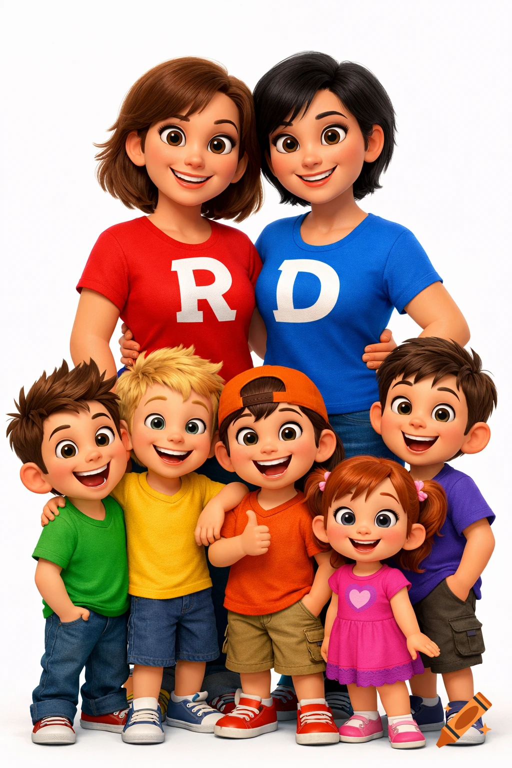 Two smiling mothers and six happy children in a colorful Pixar-style 3D animation, on a white background.