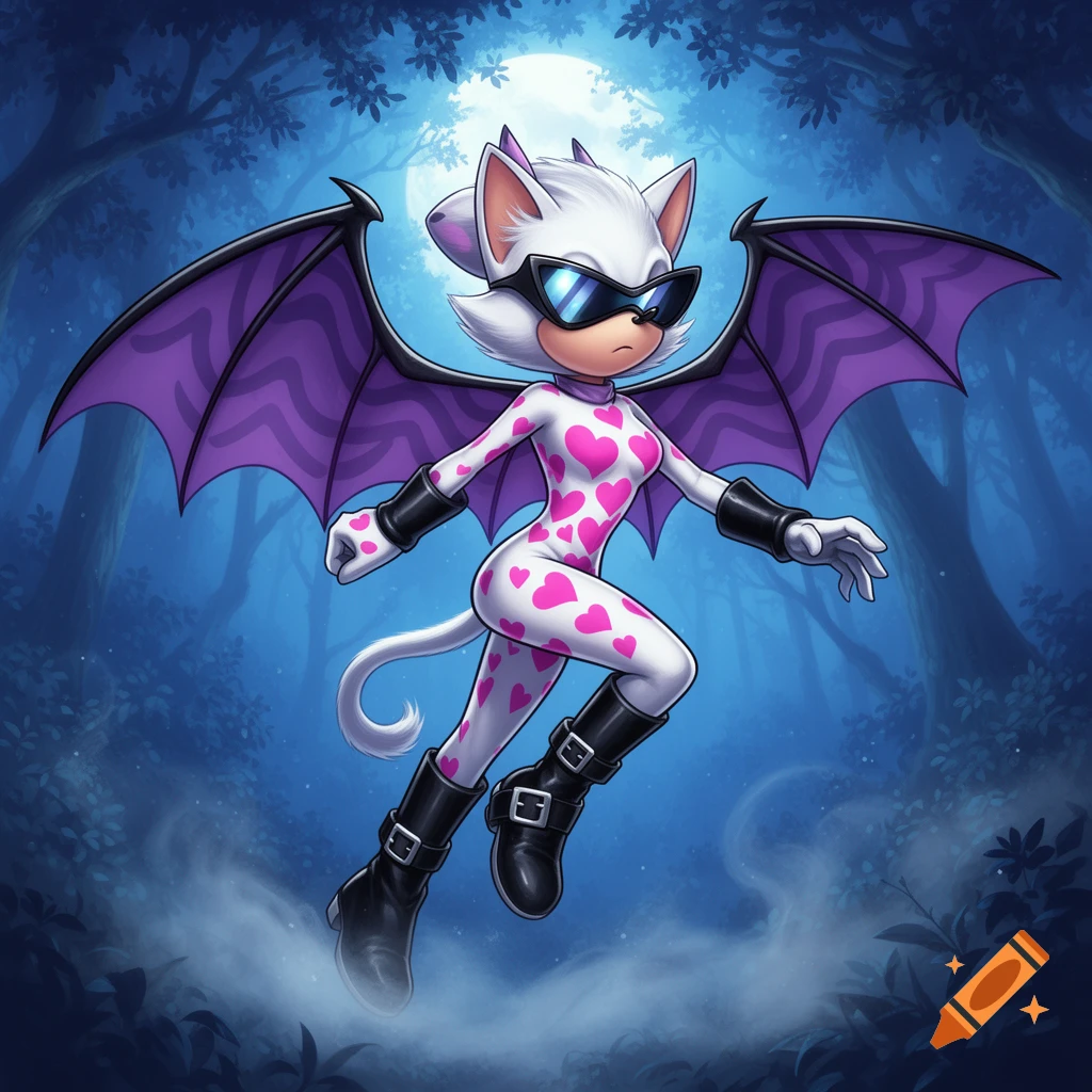 A white cat-like character with purple bat wings, a pink-heart bodysuit, black boots, and blue sunglasses hovers in a moonlit forest.