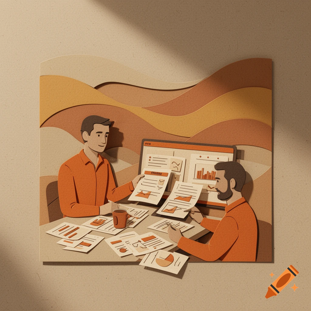 Two men, rendered in paper cut-out style, reviewing financial documents and a data dashboard on a screen in an office setting.