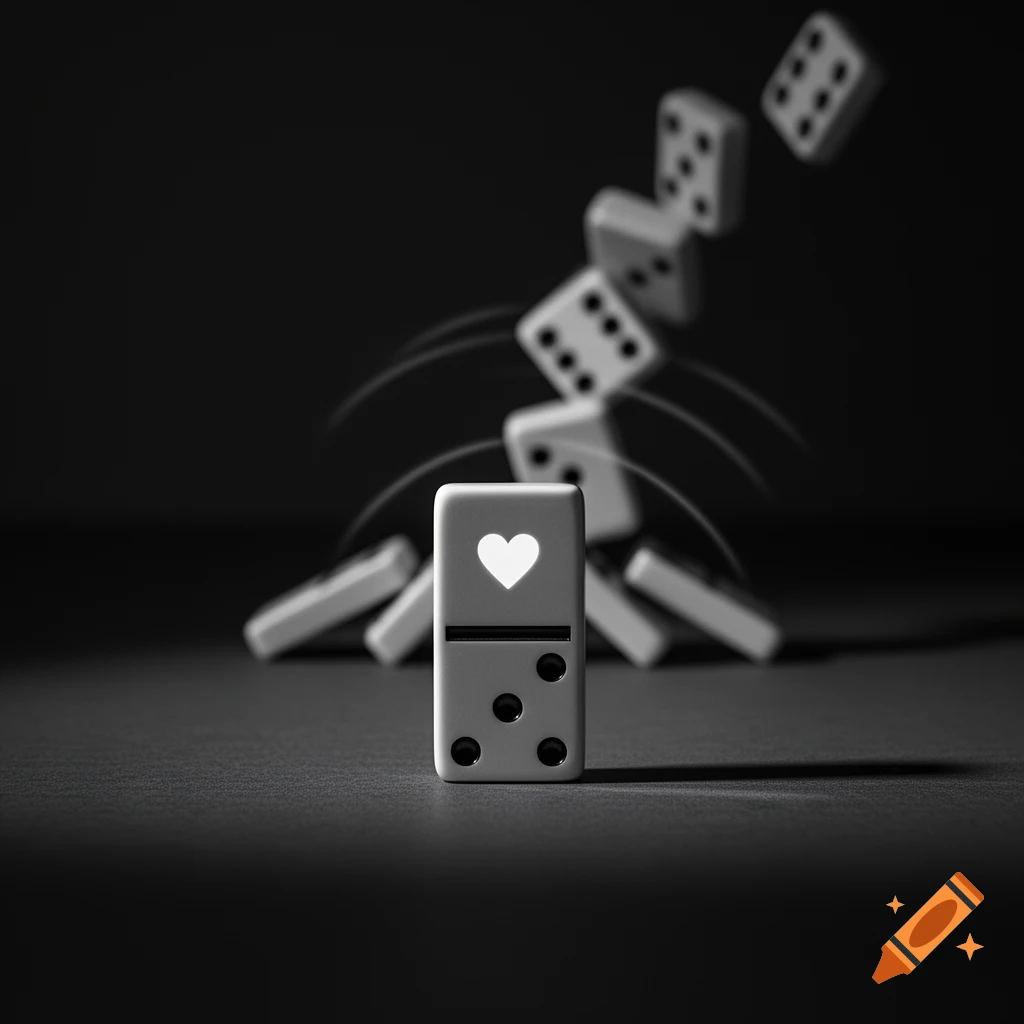 Black-and-white image of an upright domino with a white heart, with blurred falling dominoes behind it.