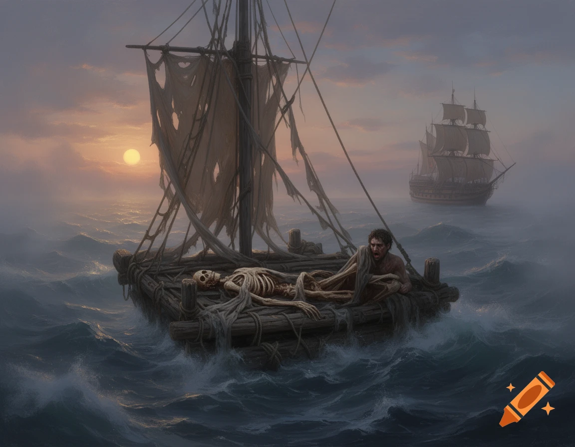 A distressed man on a tattered raft with a skeleton, battling stormy seas as a large ship appears in the misty distance at sunset.