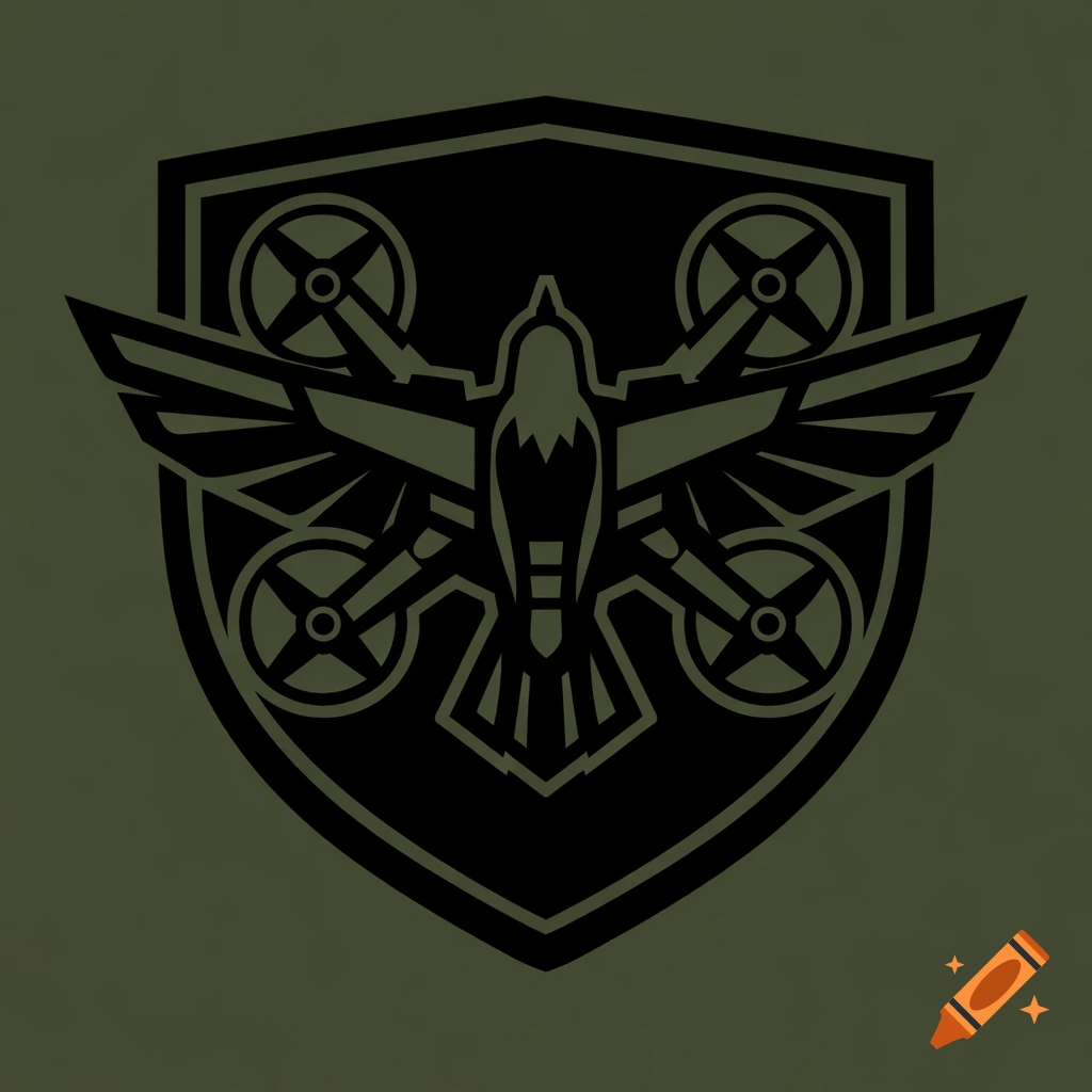 Black vector emblem of a stylized bird combined with quadcopter drone elements within a shield shape on a dark olive background.