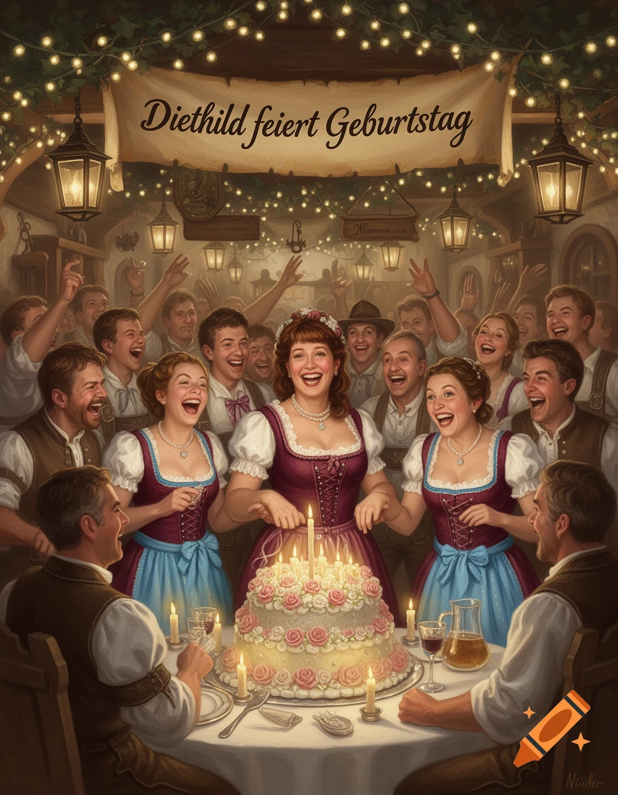 A festive group in traditional German attire celebrates a birthday around a large cake in a lively hall, with a banner that reads "Diethild feiert Geburtstag".