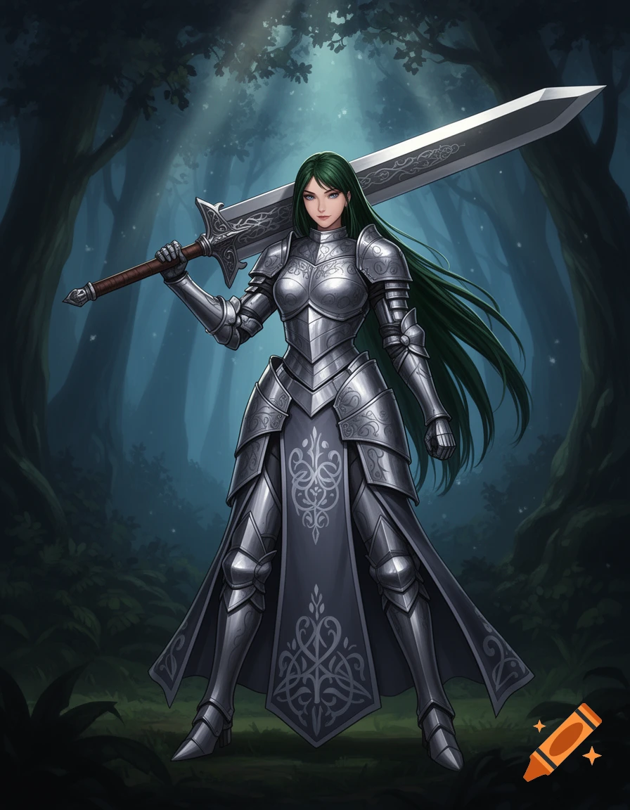 A fierce female knight with long green hair in intricate silver full ...