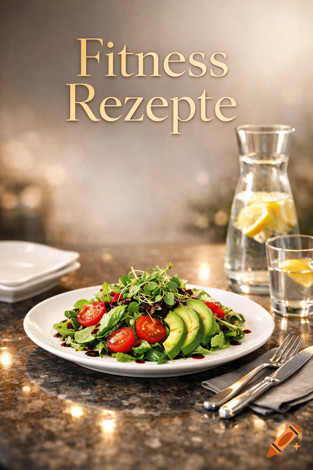 A photorealistic e-book cover showing a fresh salad with tomatoes, avocado, and lemon water, with 'Fitness Rezepte' text.