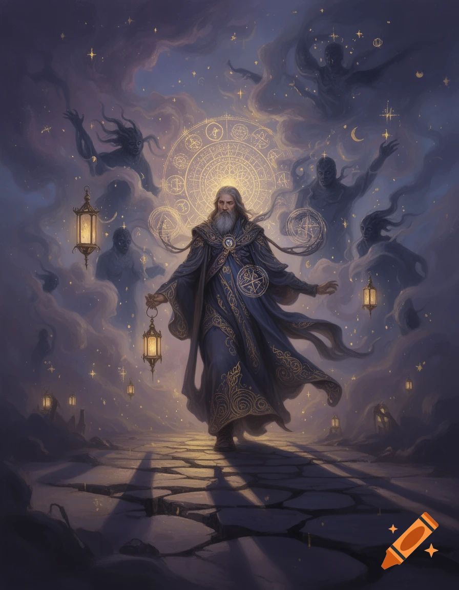 An old wizard in a flowing blue robe patterned with gold walks on a ...