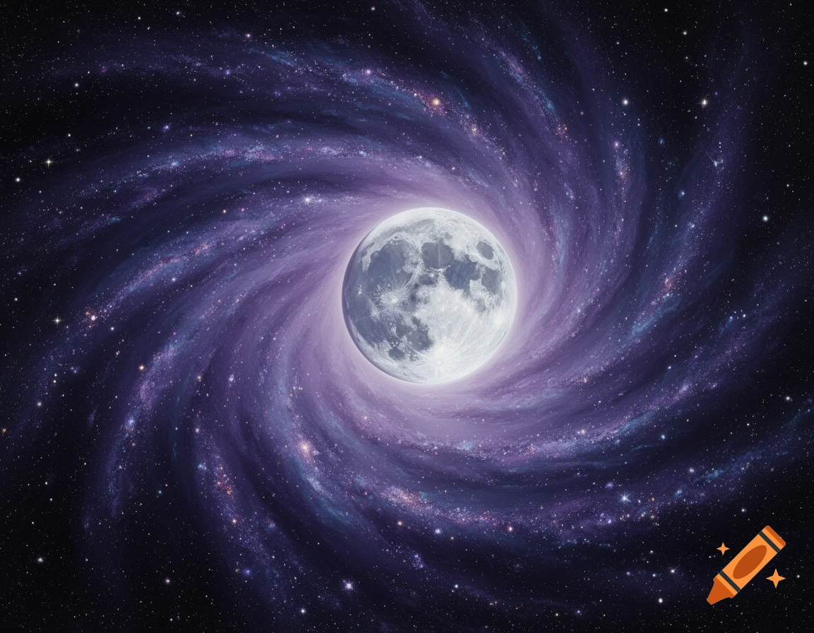 A full moon centered within a swirling purple and blue galaxy with numerous stars.