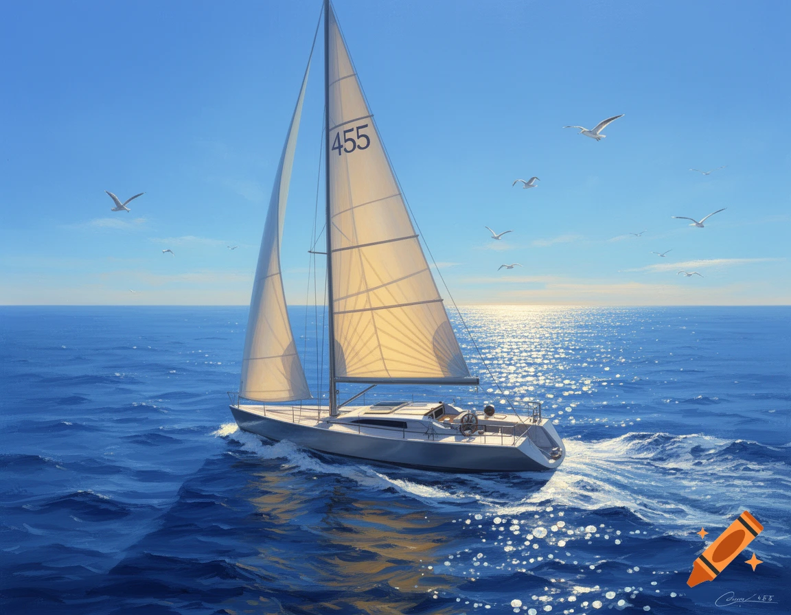 A sailboat with '455' on its sail glides on blue ocean water under a clear sky with seagulls, in a painterly style.