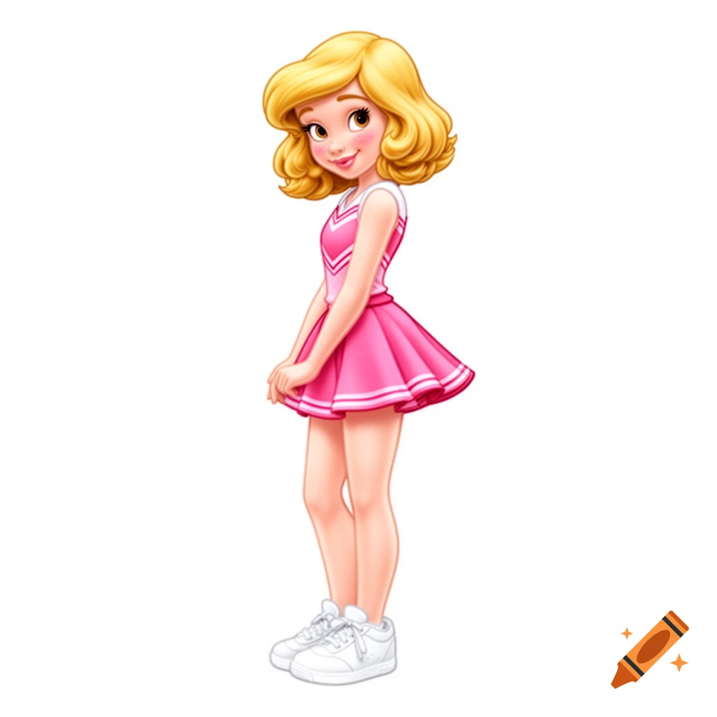 A blonde cartoon girl in a pink cheerleader outfit and white sneakers, blushing and looking back.