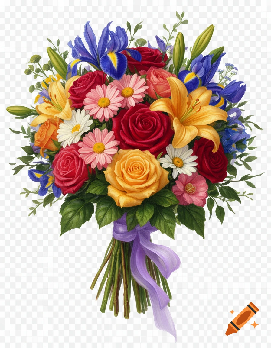 A vibrant bouquet of red and yellow roses, blue irises, yellow lilies, and white and pink daisies, tied with a purple ribbon.