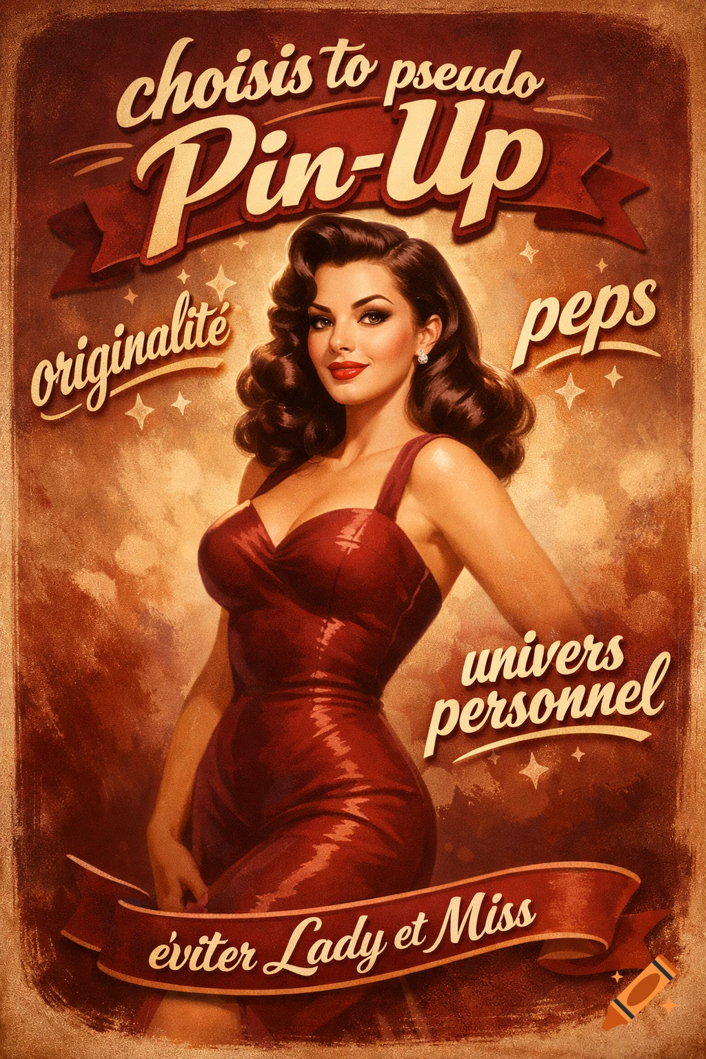 A vintage-style pin-up poster features a woman in a red dress with a dark wavy hairstyle and text on banners.