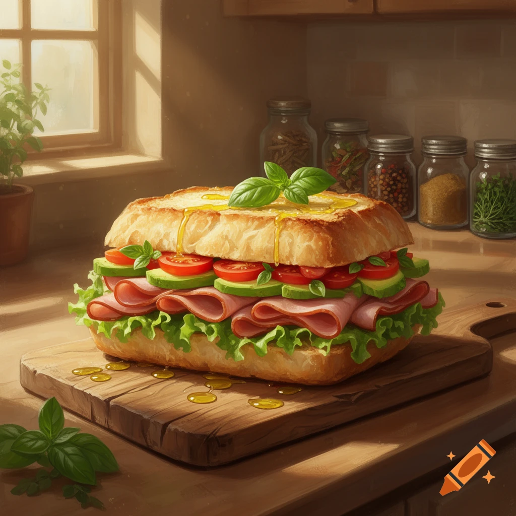 A large, fresh sandwich with ham, lettuce, tomatoes, and cucumbers on a wooden cutting board in a sunlit kitchen.